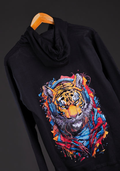 Funky Tiger Design Men’s Printed Hoodie in Black