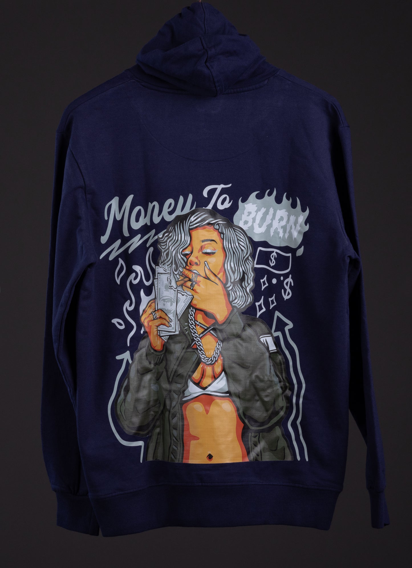 Money Burns – Navy Blue Printed Hoodie