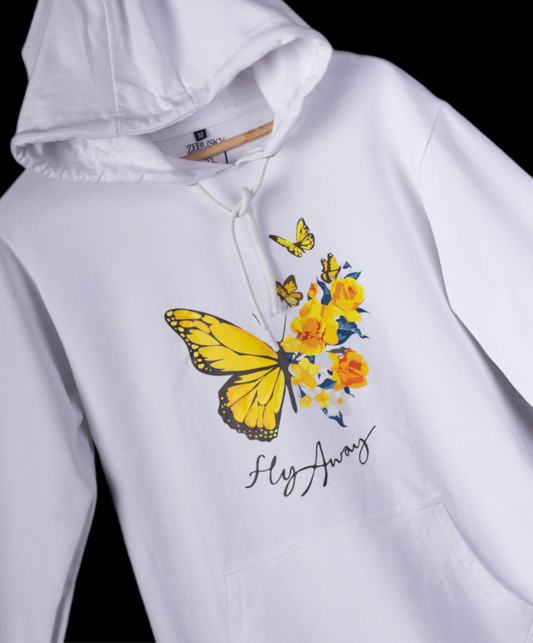 Fly Away – Butterfly Women’s Printed Hoodie in White