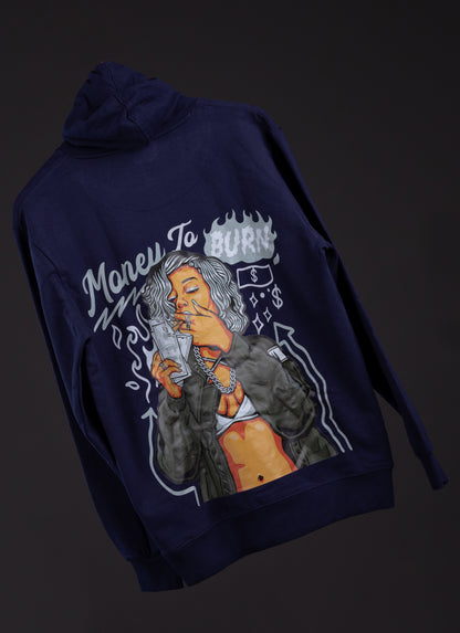 Money Burns – Navy Blue Printed Hoodie