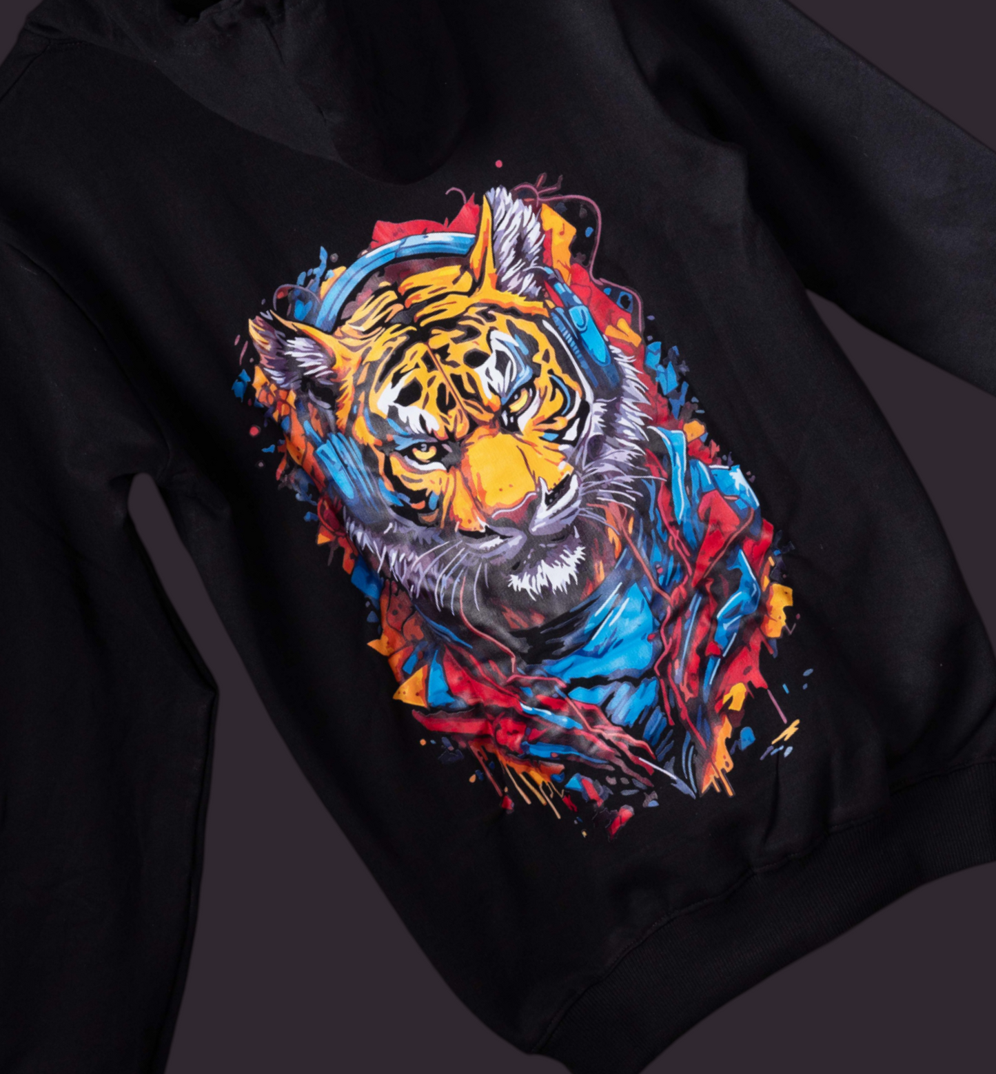 Funky Tiger Design Men’s Printed Hoodie in Black