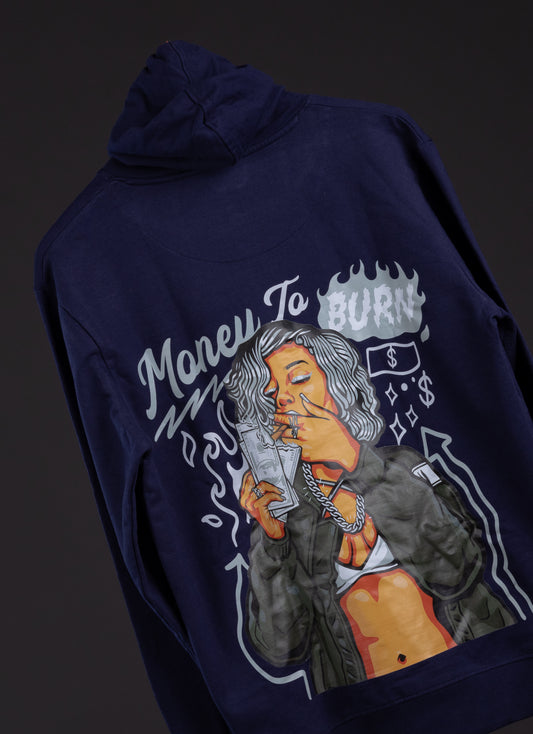 Money Burns – Navy Blue Printed Hoodie