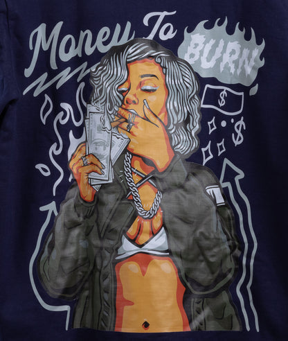 Money Burns – Navy Blue Printed Hoodie