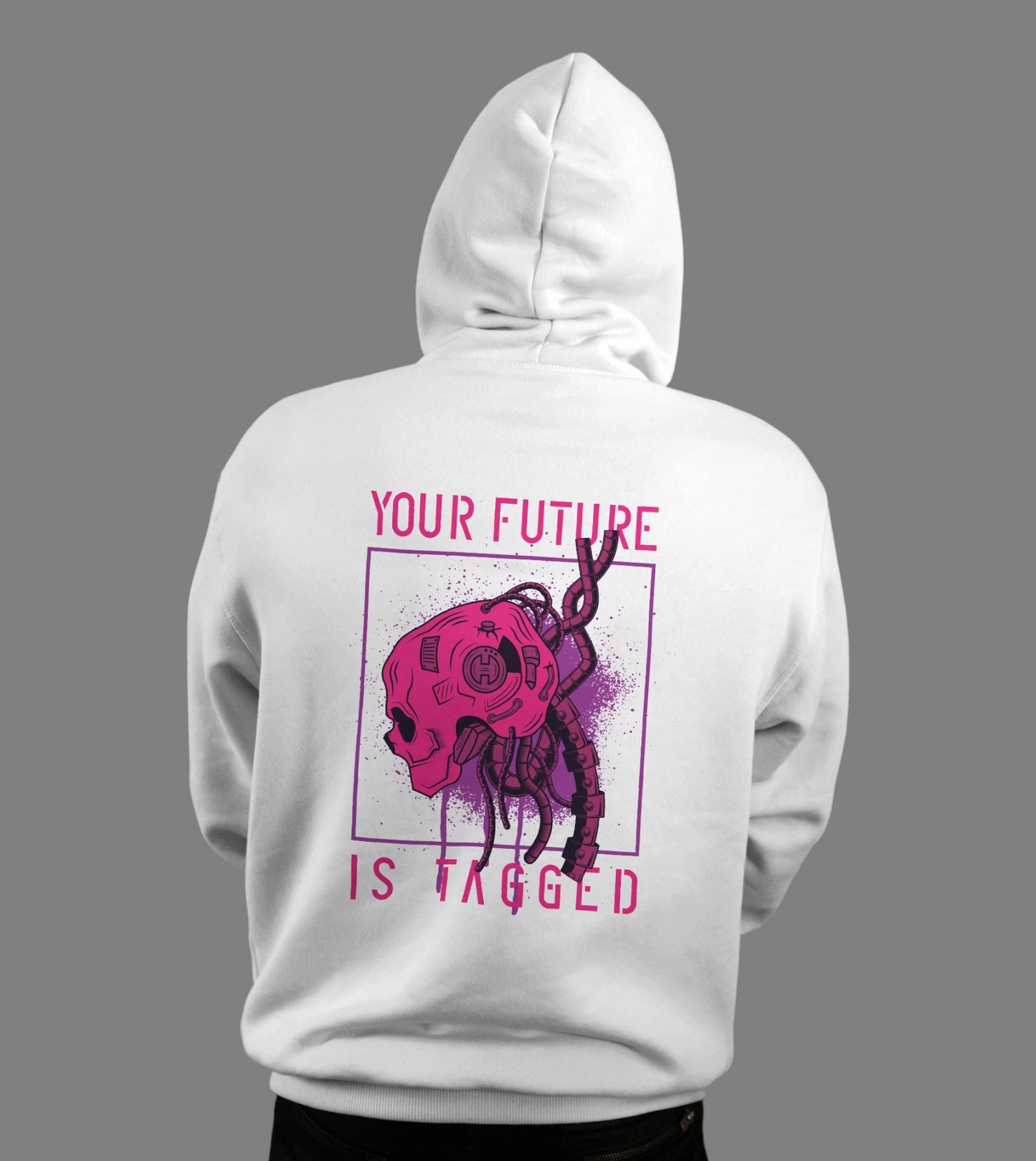 Futuristic Cyber Android Head Men’s Printed Hoodie in White