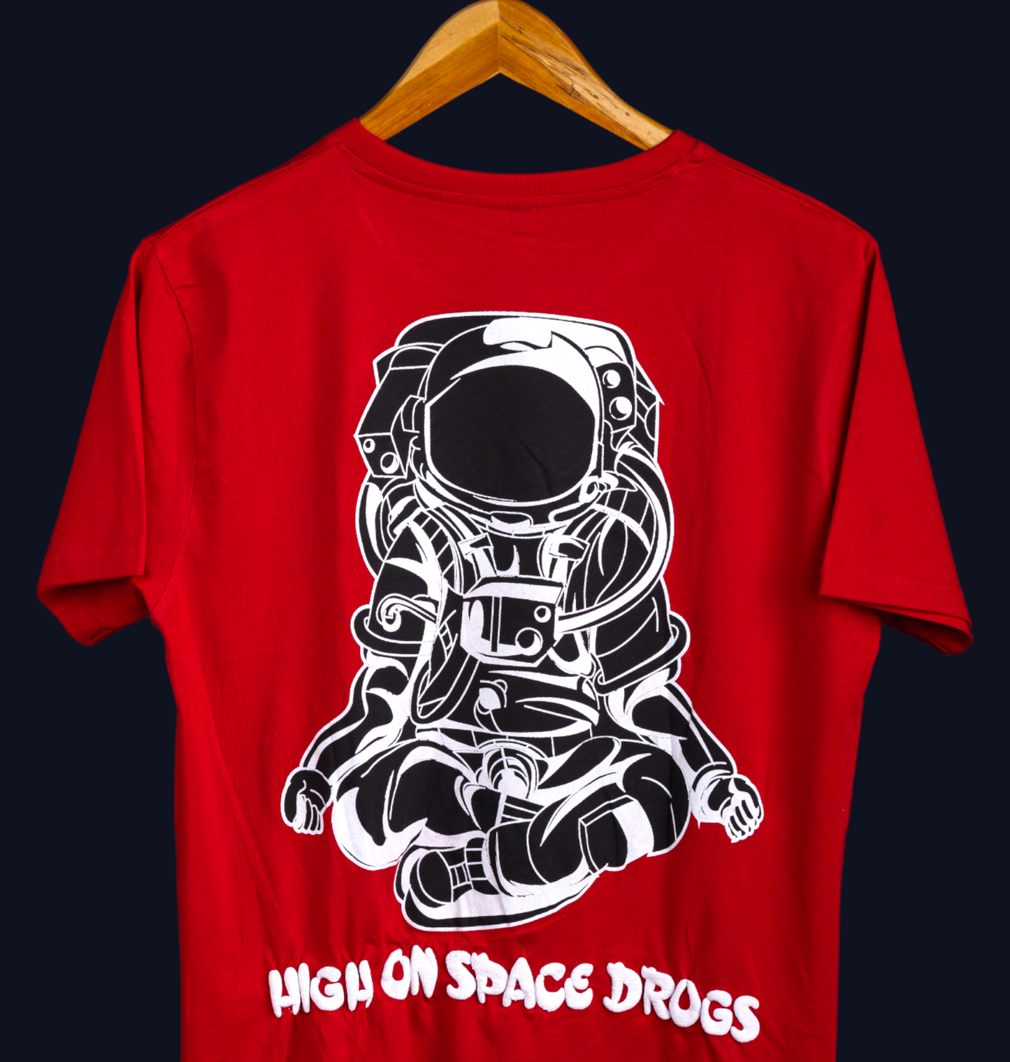 HIGH ON SPACE DRUGS: Red T-shirt  3D puff print on Astronaut graphics