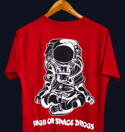 HIGH ON SPACE DRUGS: Red T-shirt  3D puff print on Astronaut graphics