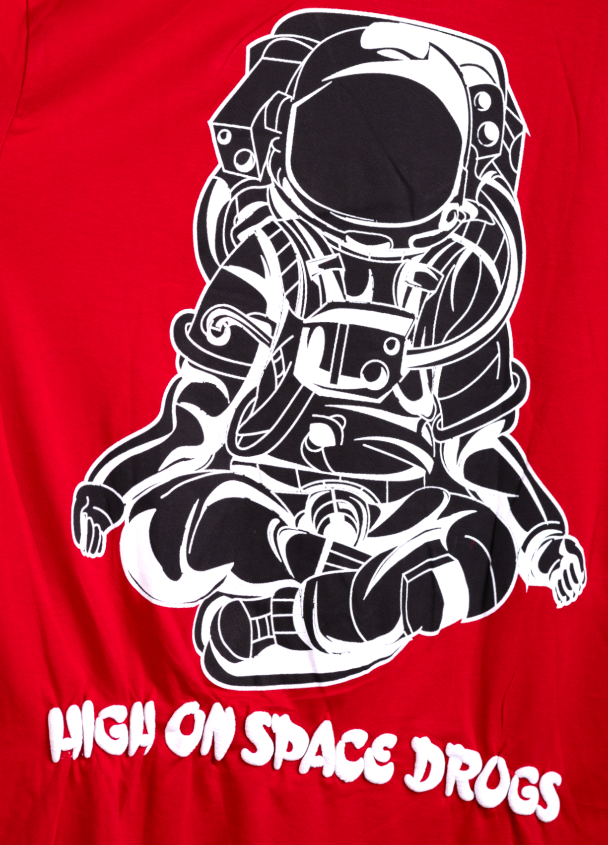 HIGH ON SPACE DRUGS: Red T-shirt  3D puff print on Astronaut graphics