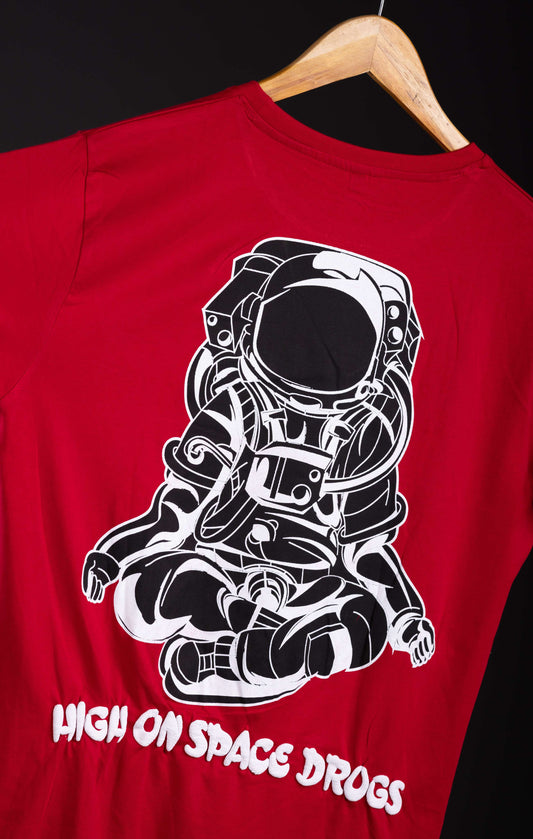 HIGH ON SPACE DRUGS: Red T-shirt  3D puff print on Astronaut graphics