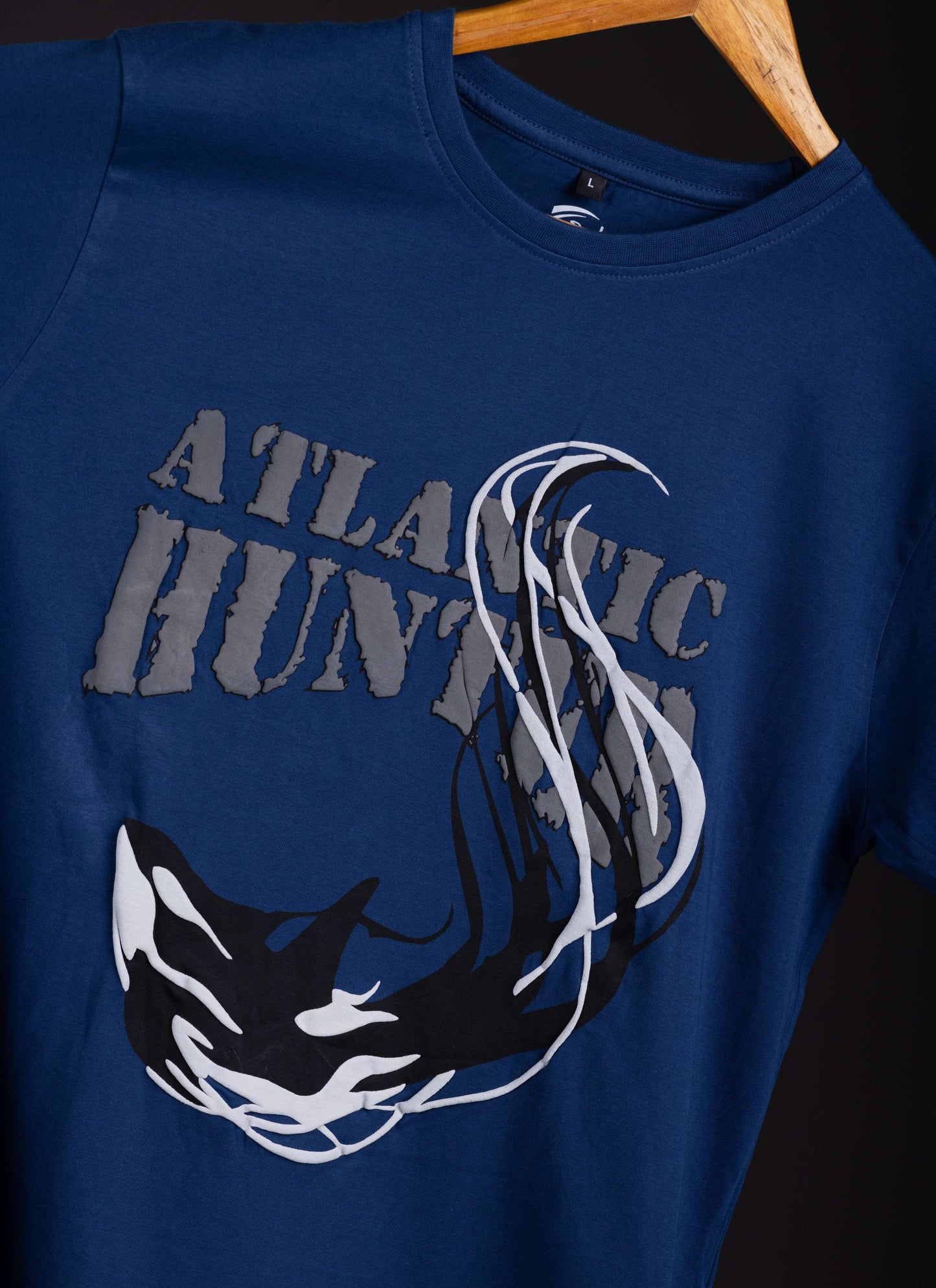 ATLANTIC HUNTER: Navy Blue T-shirt with 3D Orca Puff Print